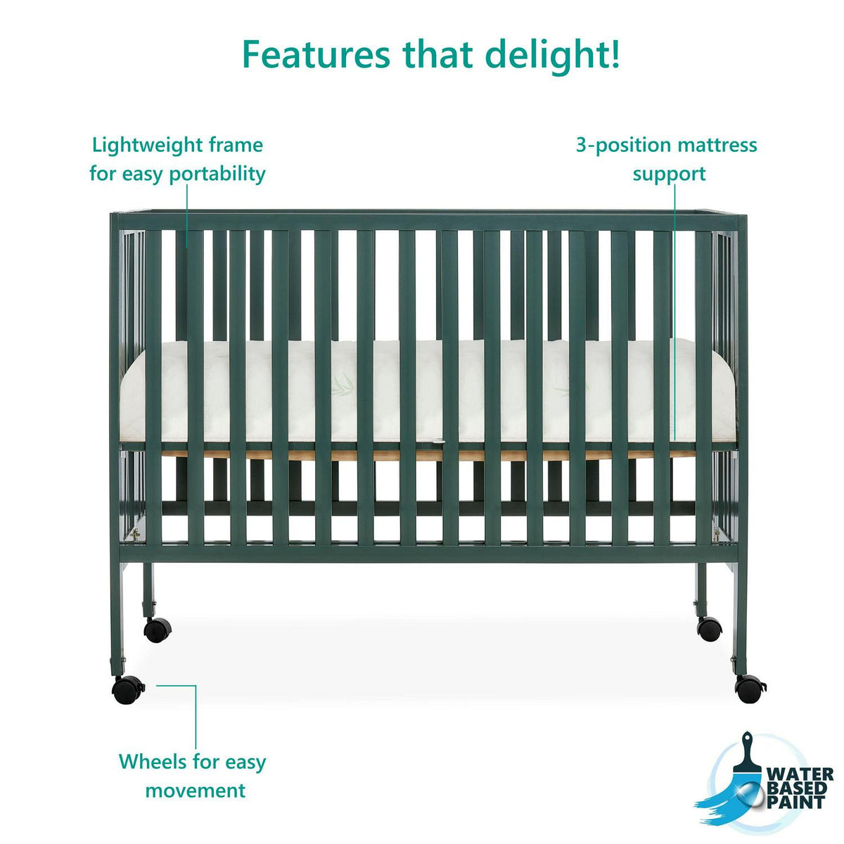 Dream On Me Quinn Full-Size Folding Crib. Removable Wheels. Modern Nursey. Adjustable Mattress Support. Patent Folding System in Olive