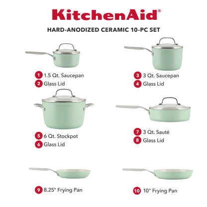 KitchenAid Hard Anodized 10 Pcs Ceramic Nonstick Cookware Pots and Pans Set, Oven Safe to 500��F, Pistachio