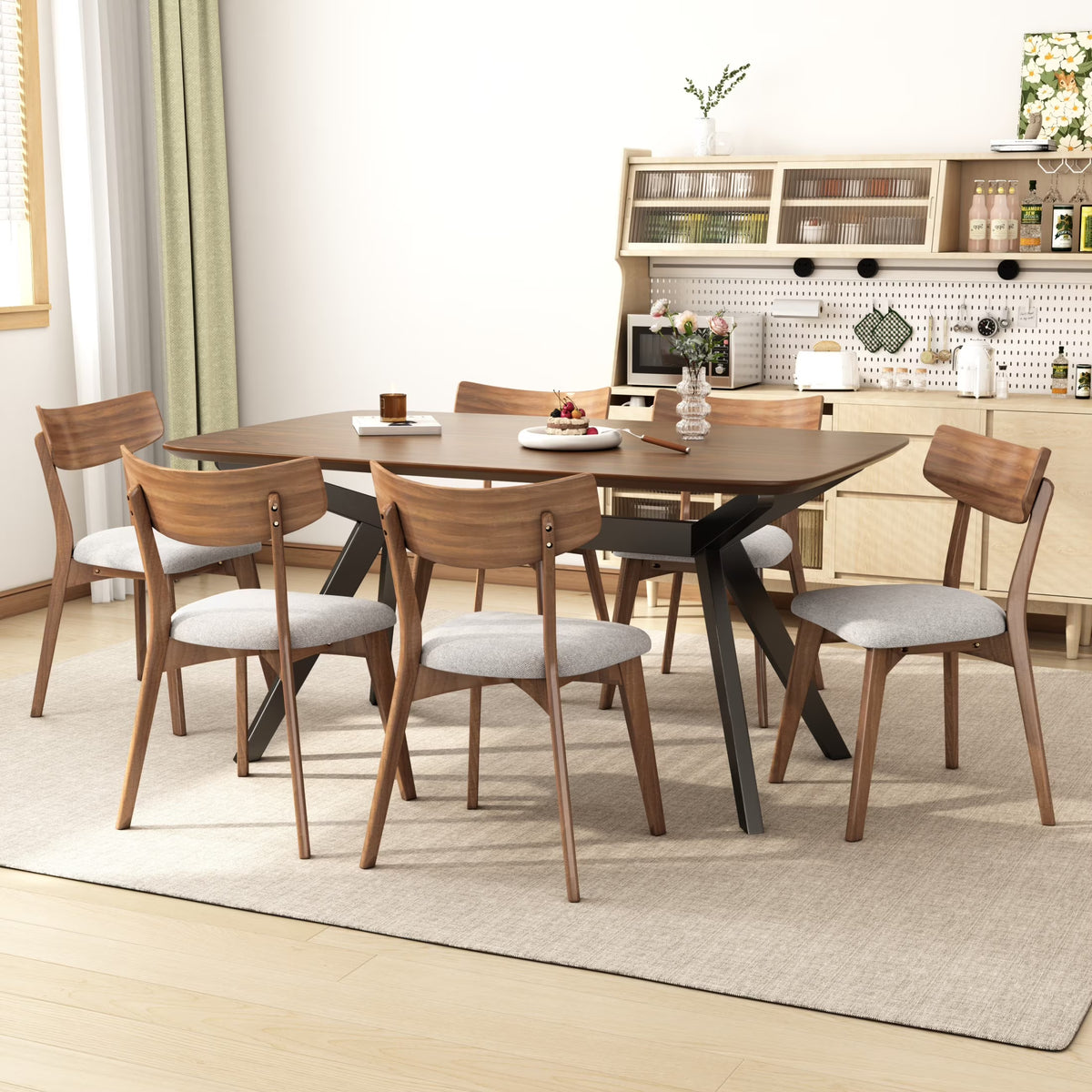 Christopher Knight Home Mid-Century 5-Piece Dining Set with Rectangular Table and 4 Light Beige Upholstered Chairs