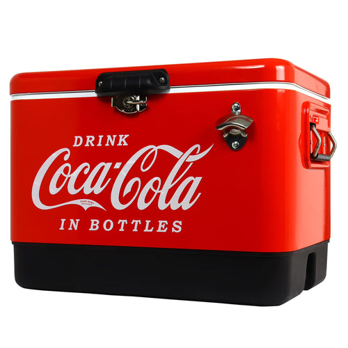 Coca-Cola 51L (54 qt) Ice Chest Beverage Cooler, 85 Can Capacity, Portable with Bottle Opener, Red and Black