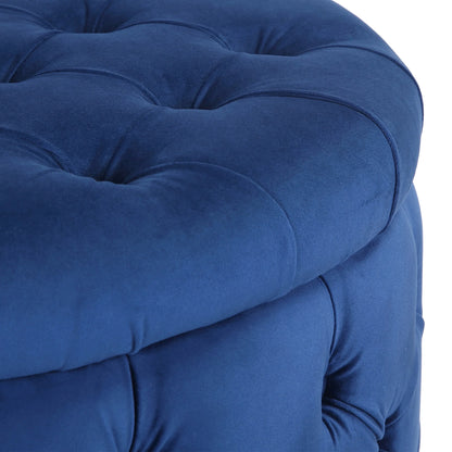 WestinTrends Wordford Round Velvet Tufted Storage Ottoman, Velvet Navy Blue