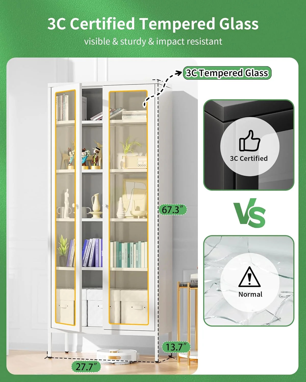 SUNCROWN Metal Storage Cabinet, Curio Display Cabinet with 2 Glass Display Door and 4 Shelves, Side Storage Organize, Modern Bookshelf Cabinet for livingroom, Bedroom, Kitchen, Black