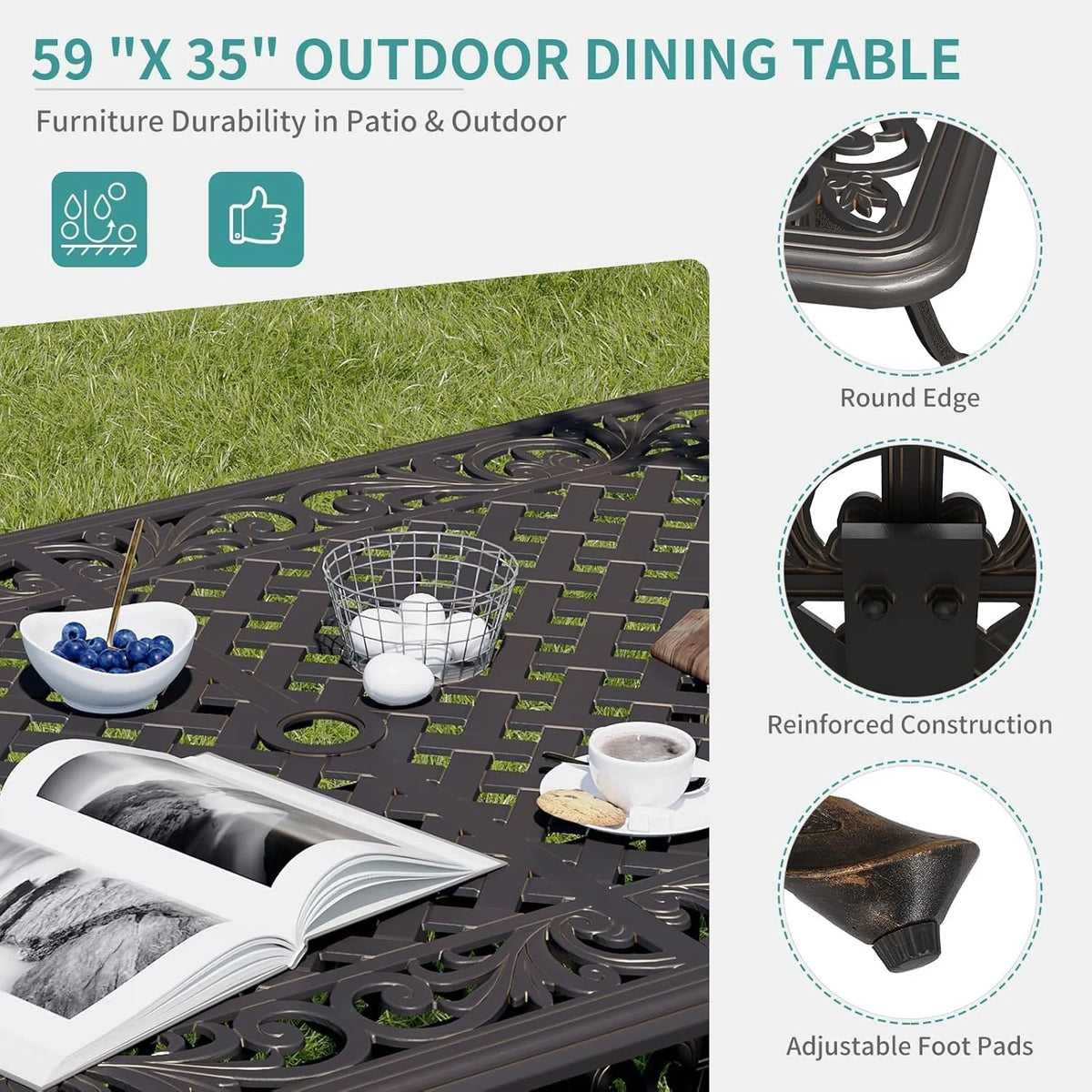 59.06" Cast Aluminum Outdoor Dining Table for 6�? People, Rust-Resistant All-Weather Metal Patio Table with 2" Umbrella Hole, Heavy-Duty Garden Furniture for Deck, Backyard, Dark Bronze, Only Desk