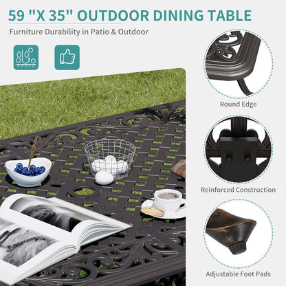 59.06" Cast Aluminum Outdoor Dining Table for 6�? People, Rust-Resistant All-Weather Metal Patio Table with 2" Umbrella Hole, Heavy-Duty Garden Furniture for Deck, Backyard, Dark Bronze, Only Desk