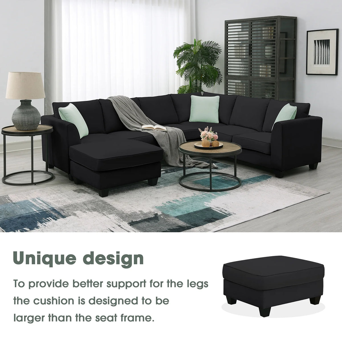 Harper & Bright Designs Modular Sectional Sofa with Ottoman Couch L Shape Corner Sofa Sets 7 Seats Fabric Couch for Living Room, Black, 112 * 87 inch