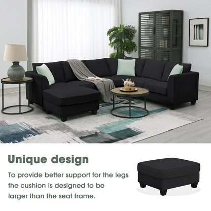 Harper & Bright Designs Modular Sectional Sofa with Ottoman Couch L Shape Corner Sofa Sets 7 Seats Fabric Couch for Living Room, Black, 112 * 87 inch
