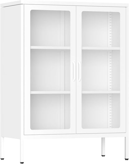 SUNCROWN Metal Storage Cabinet, Curio Display Cabinet with 2 Glass Display Door and 4 Shelves, Side Storage Organize, Modern Bookshelf Cabinet for livingroom, Bedroom, Kitchen, Black