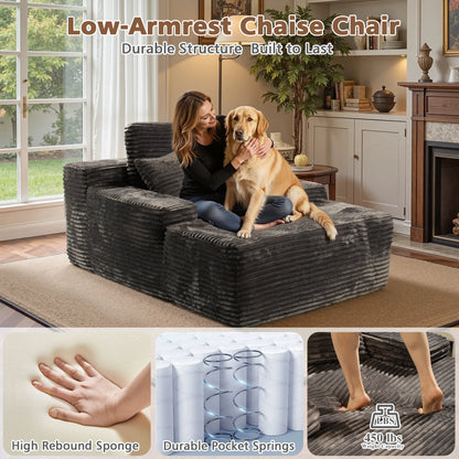 Ovios 67'' Oversized Chaise Lounge Chair Indoor Cloud Plush Corduroy Floor Sofa Bed Deep Seat No Assembly Couch for Living Room, Black