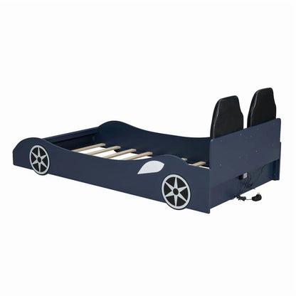 Bellemave Race Car Bed with LED Lights, Twin Size Bed Frame for Boys Kids Toddler Bed, Wooden Platform Racing Car Bed with Upholstered Backrest Headboard, No Box Spring Needed（White)