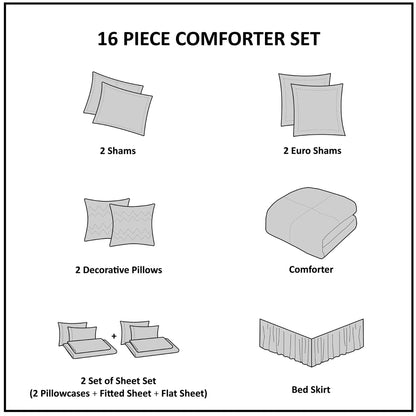 Home Essence Dennie 16 Piece Jacquard Complete Bedding Set With 2 Sheet Sets, King, Brown