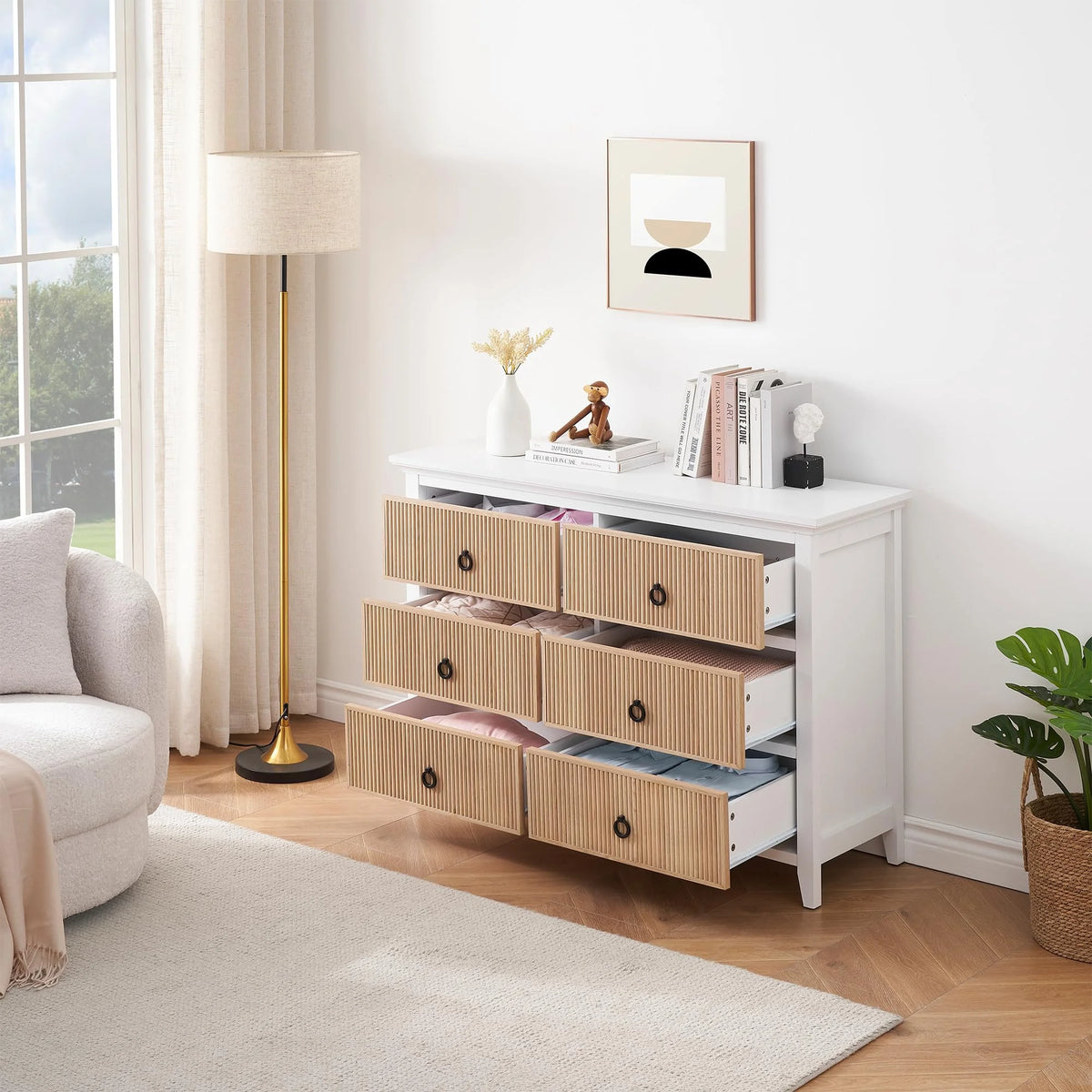 Homhougo White Dresser for Bedroom 6 Drawer, Wood Organizer Storage Cabinet with Gray Strip Drawer Door, Chest of Drawers for Closet, Living Room, Hallway, Nursery, Kids Bedroom