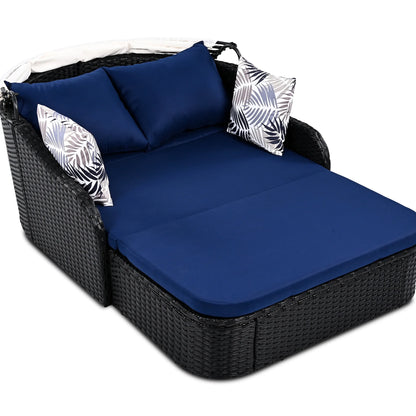 Outdoor Sun Lounger With Adjustable Canopy And Relaxing Pillow - Pe Black Blue Cushion 79.9" Daybed Cozy