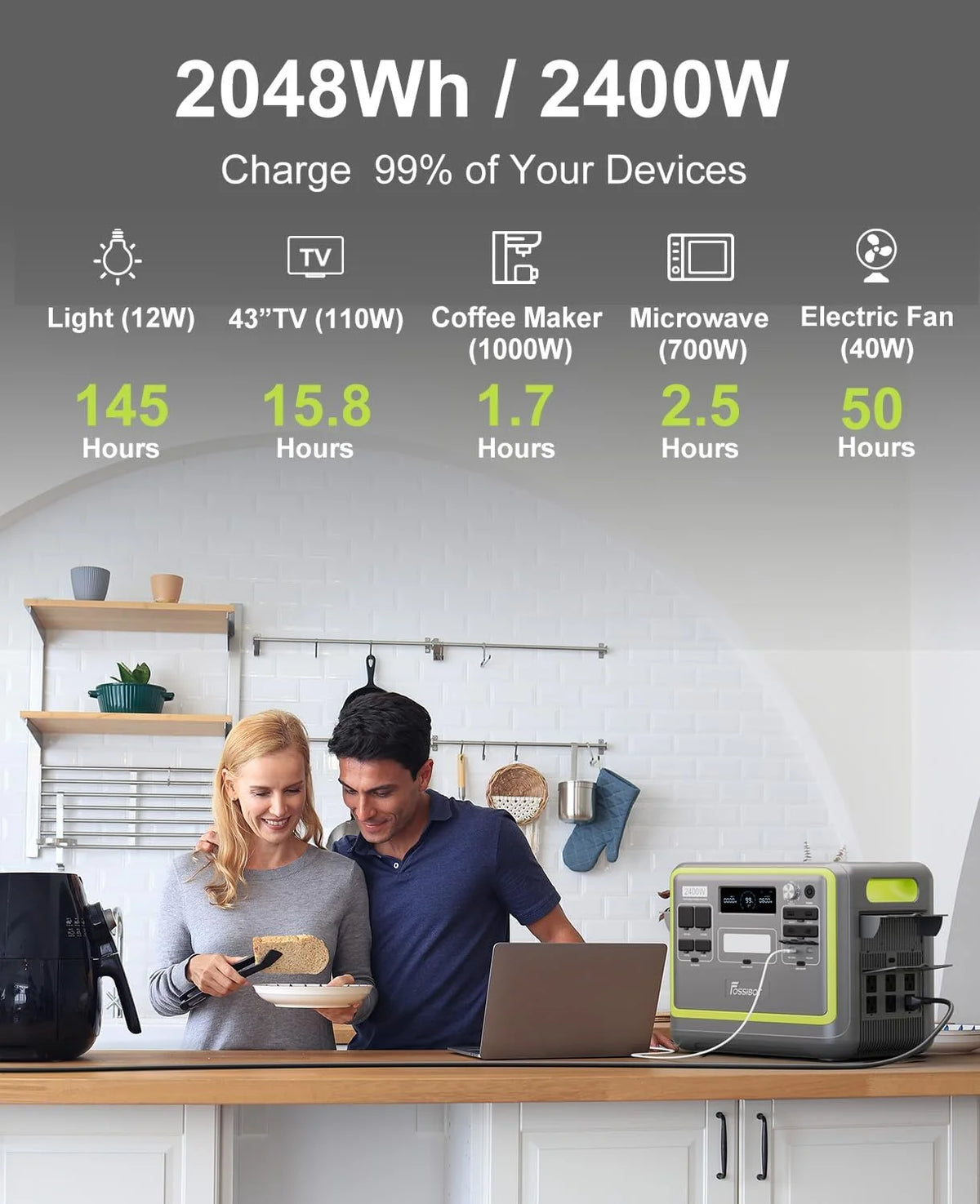 FOSSiBOT Portable Power Station FOSSiBOT 2400 2048Wh LiFePO4 Battery Solar Generator,2400W AC Output for Outdoor Camping,Home Backup,Emergency,RV