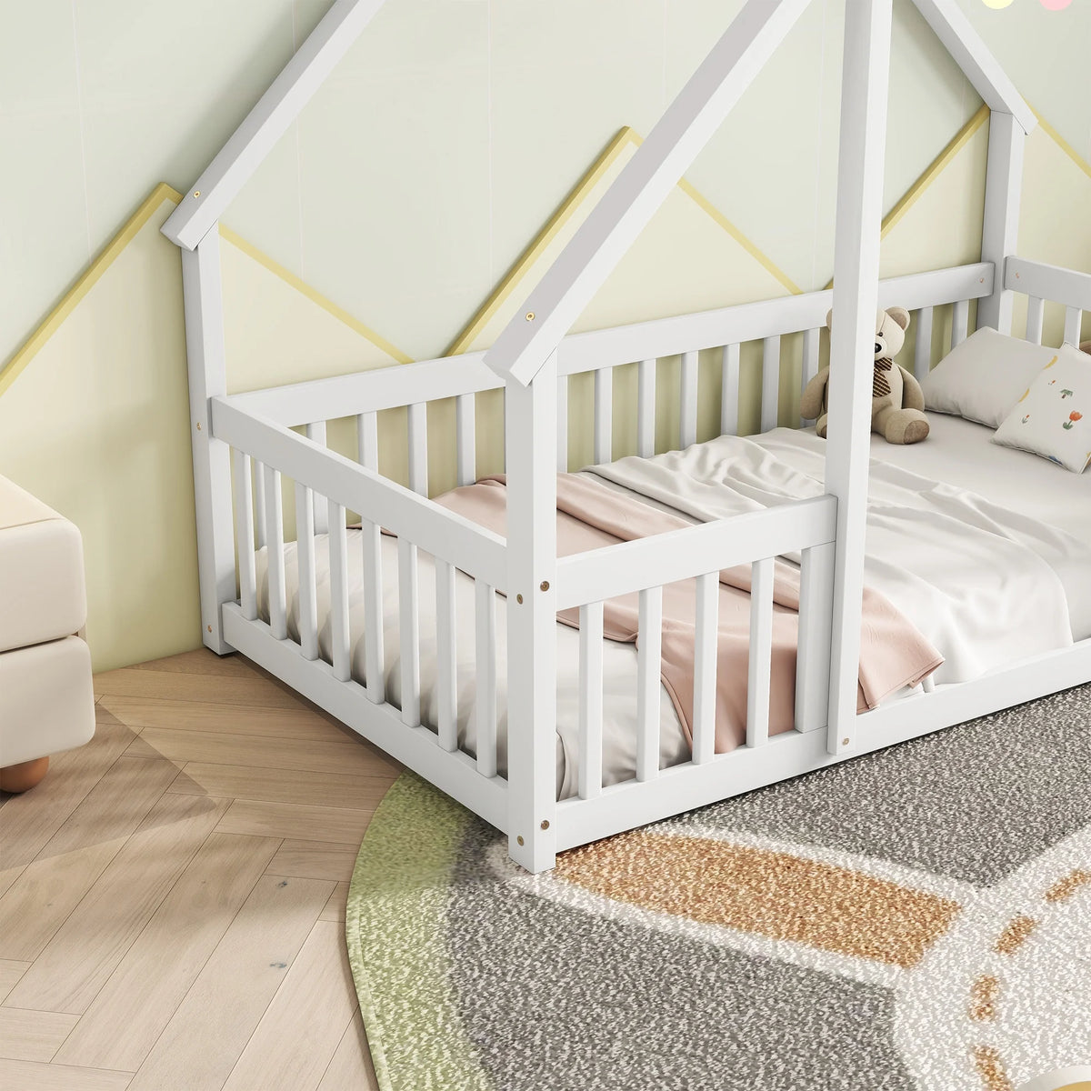 Bellemave Twin Size Floor Bed Frame, Wooden House Bed Twin Size with Fence, Montessori Bed with Guardrails for Bedroom (White)