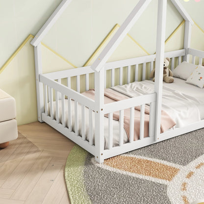 Bellemave Twin Size Floor Bed Frame, Wooden House Bed Twin Size with Fence, Montessori Bed with Guardrails for Bedroom (White)