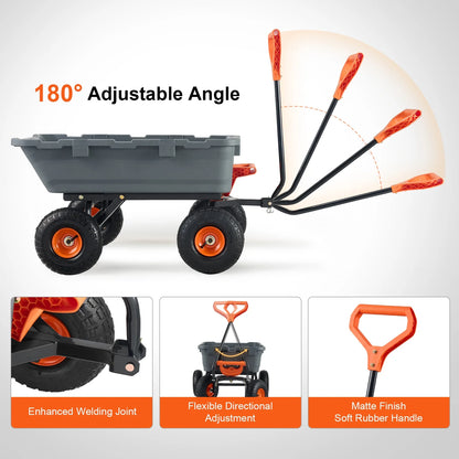 KFFKFF Garden Dump Cart, 35.8x19.5x8.2 in Dump Truck Cart, Max. 600lbs Load Capacity, 10in Rubber Tire, 180�� Adjustable Handle