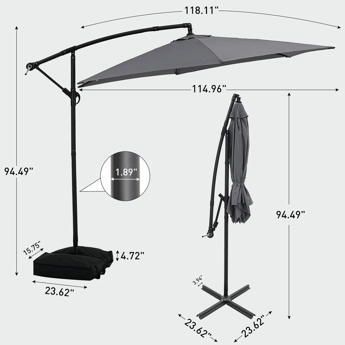 Ainfox 10ft Cantilever Patio Umbrella with Lights, Offset Market Umbrella with Sandbags Weighted Base and Cross Base,Khaki