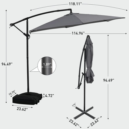 Ainfox 10ft Cantilever Patio Umbrella with Lights, Offset Market Umbrella with Sandbags Weighted Base and Cross Base,Khaki
