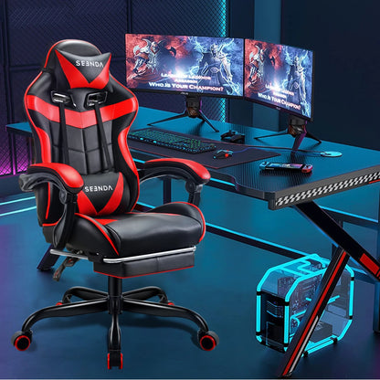 Gaming Chair, Seenda Video Game Chair with Footrest and Lumbar Support, Ergonomic Computer Chair Height Adjustable with Swivel Seat and Headrest, Red