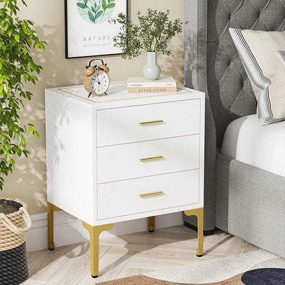 White Gold Nightstand, Modern 3 Drawers Bed Side Table for Bedroom 2 Pcs