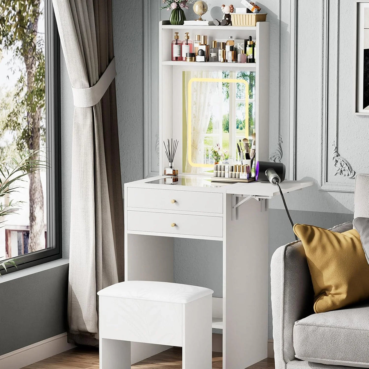 Montary Modern Mini Vanity w/Adjustable LED Mirror + Hidden Storage, Padded Stool & Dustproof Shelves (White)