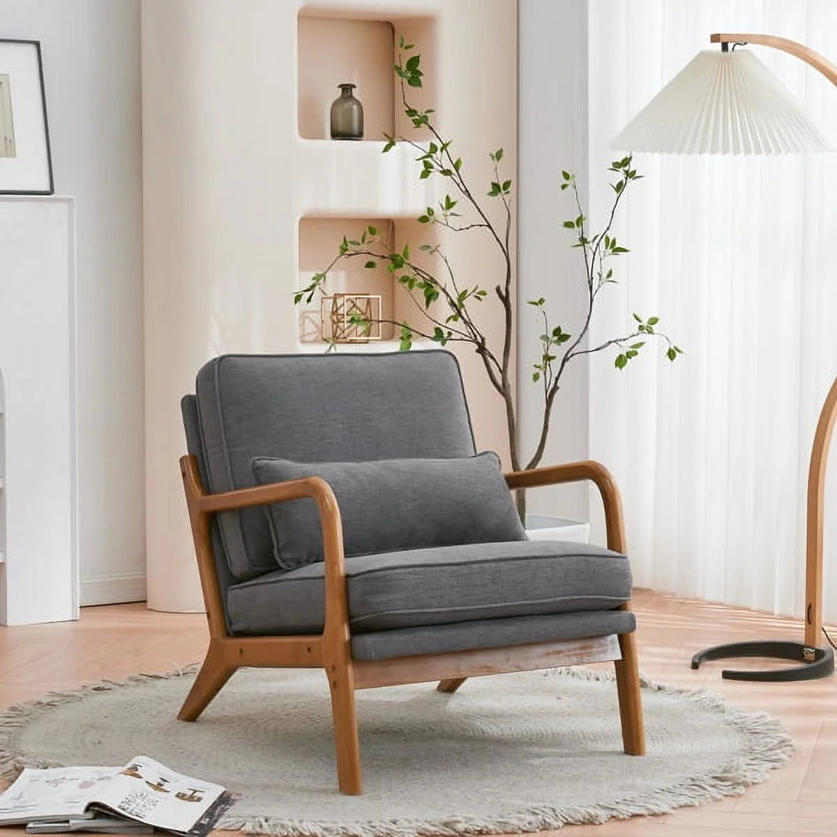 Accent Chairs, Single Linen Lounge Reading Armchair with Solid Wood Frame, Mid Century Modern Easy Assembly Arm Chairs for Living Room-Beige