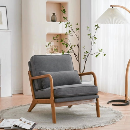 Accent Chairs, Single Linen Lounge Reading Armchair with Solid Wood Frame, Mid Century Modern Easy Assembly Arm Chairs for Living Room-Beige