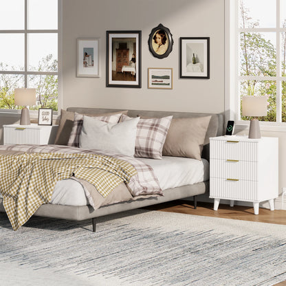 GIKPAL Night Stands for Bedroom, Modern Bedside Table with 3 Drawers & Charging Station,Fluted Panel End Tables for Bedroom  & Living Room, Natural