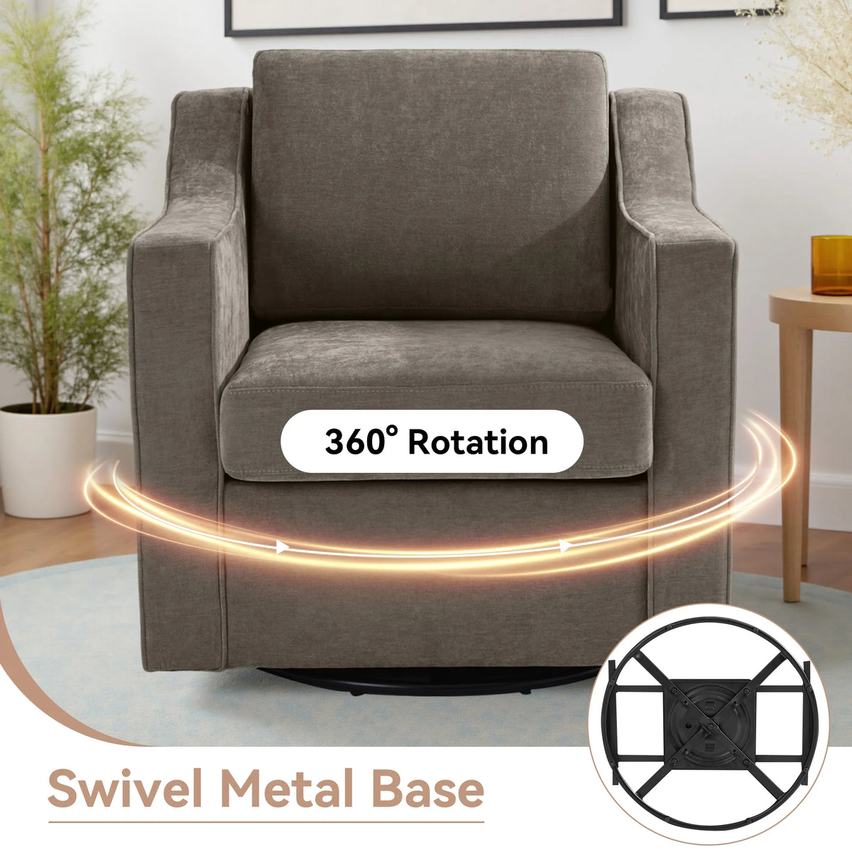 Swivel Accent Chair for Living Room, Modern Upholstered Barrel Arm Chair with Plump Back Pillow, Comfy Club Sofa Reading Chair for Adults (Chenille Navy, Set of 1)