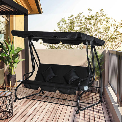 Outsunny 3-Seat Steel Outdoor Canopy Porch Swing with Cushions and Pillows, Light Brown