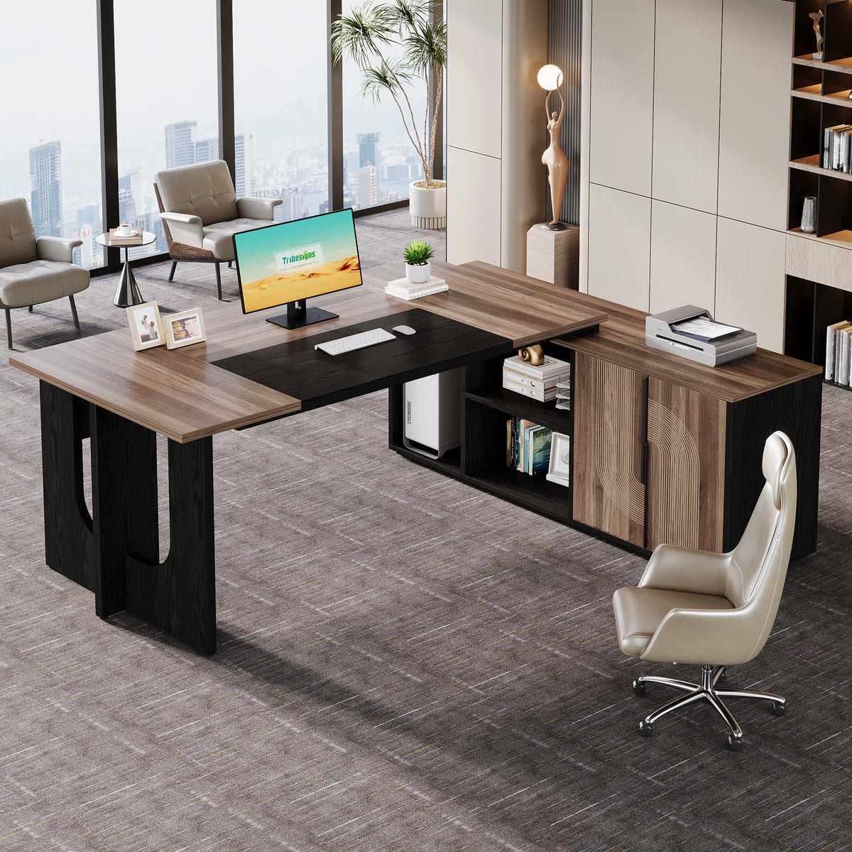 Tribesigns 74.8" Executive Desk, Large L Shaped Computer Desk Office Desk with Cabinet, White and Wood