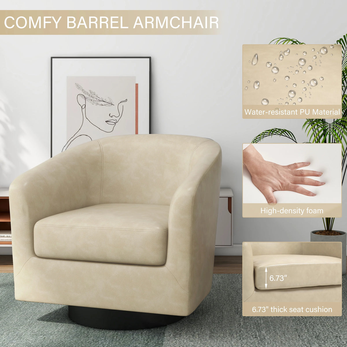 DREAMSIDEA Swivel Barrel Accent Chair for Living Room, Modern Upholstered Round Club Armchair-Cream