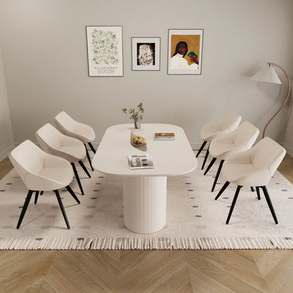 63" Oval Dining Table Set for 6, Wooden Dining Roon Table and 6 PU Swivel Armchairs, Modern Dining Set with High Backrest and Waterproof Tabletop for Living Room,  Beige+Brown
