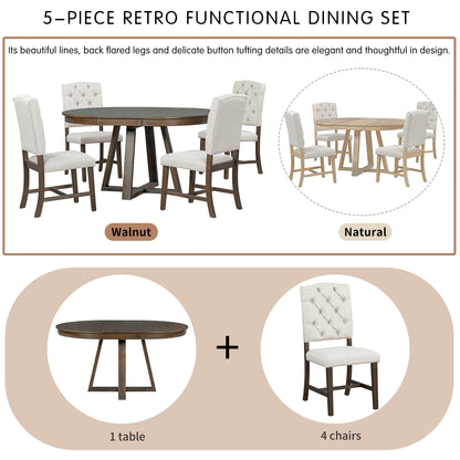 Harper & Bright Designs Round Extendable Dining Table Set for 4, 5 Piece Farmhouse Wood Dining Table Set with 4 Upholstered Dining Chairs, Natural Wood Wash