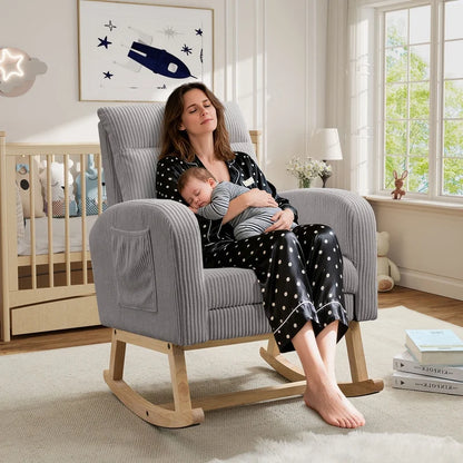 FFH Rocking Chair Nursery, Tufted Accent Rocker Chair, Upholstered Armchair with Adjustable Footrest, Side Pocket, High Backrest, Padded Seat, Polyester Blend (Retro, Dark Gray)