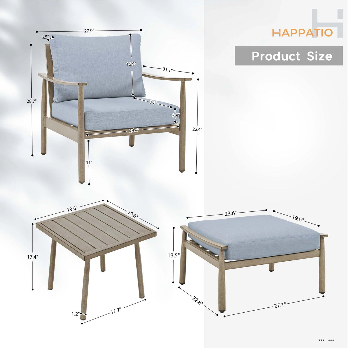 HAPPATIO Aluminum Outdoor Furniture Set - 5 Pieces Patio Furniture Set Includes 1 Side Table, 2 Swivel Chairs and 2 Ottomans with Thick Cushion, Patio Conversation Set for Backyard Poolside (Grey)
