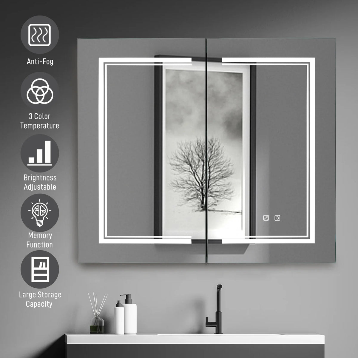 Ktaxon LED Lighted Medicine Cabinet with Mirror Bathroom Wall Cabinet w/ Defogger, Dimmable, Memory function, Outlets & USB, 32"x28", Black