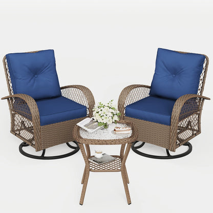 ELPOSUN 3 Pieces Patio Furniture Set, Outdoor Swivel Gliders Rocker, Wicker Patio Bistro Set with Rattan Rocking Chair, Glass Top Side Table and Thickened Cushions for Porch Deck Backyard