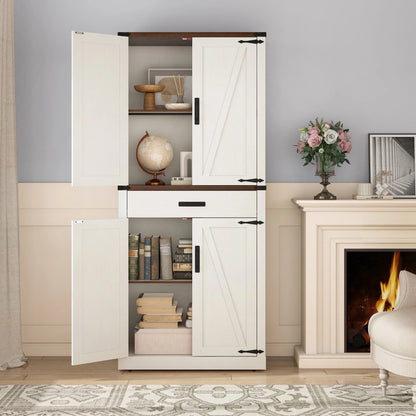 72" Tall Farmhouse Kitchen Pantry Cabinet w/1 Drawer & 4 Roomy Storage Shelves, Versatile Wood Storage Cabinet with 4 Barn Door & Adjustable Shelves &  for Dining Room Bathroom Utility Room