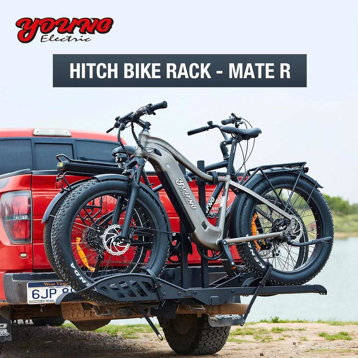 Young Electric Ebike Rack, 200lb Capacity, Alloy Steel Hitch Mount, Fits 5-Inch Fat Tire Bikes, 2-Inch Receiver