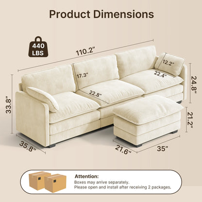 Lofka 110�� Modular Sectional Sofa Bed with Double Layer Cushions and Movable Ottoman, Modern Comfy Cloud Couch for Living Room, DIY Combination, Green