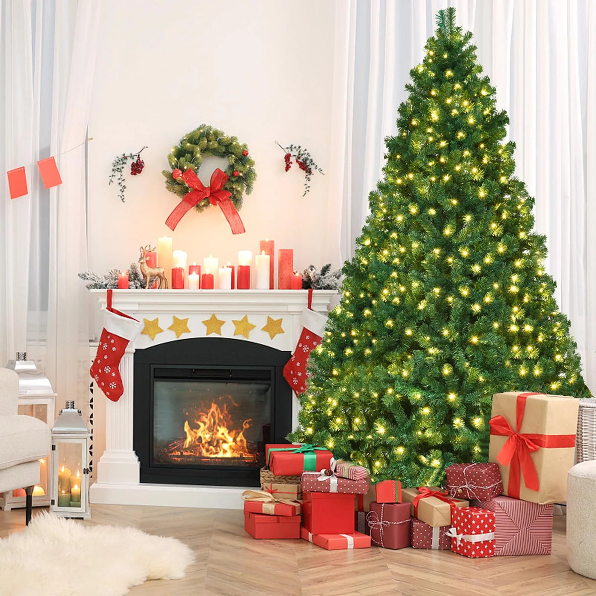 Vebreda 6FT Pre-Lit Artificial Christmas Tree with 300 Warm White LED Lights, Hinged Branch Design, Eco-Friendly PVC Needles & Foldable Metal Stand for Home, Office & Holiday D��cor