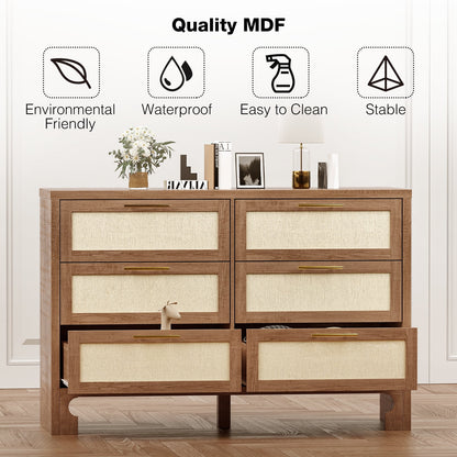 Homhougo White Dresser for Bedroom 6 Drawer, Wood Organizer Storage Cabinet with Gray Strip Drawer Door, Chest of Drawers for Closet, Living Room, Hallway, Nursery, Kids Bedroom
