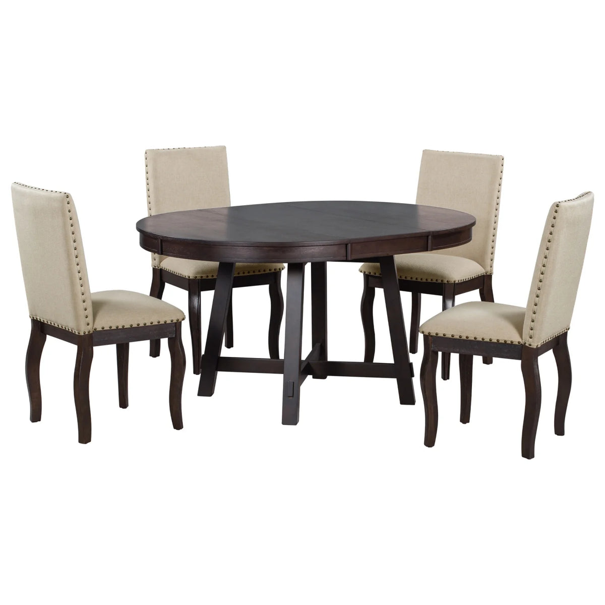 Harper & Bright Designs Round Extendable Dining Table Set for 4, 5 Piece Farmhouse Wood Dining Table Set with 4 Upholstered Dining Chairs, Natural Wood Wash