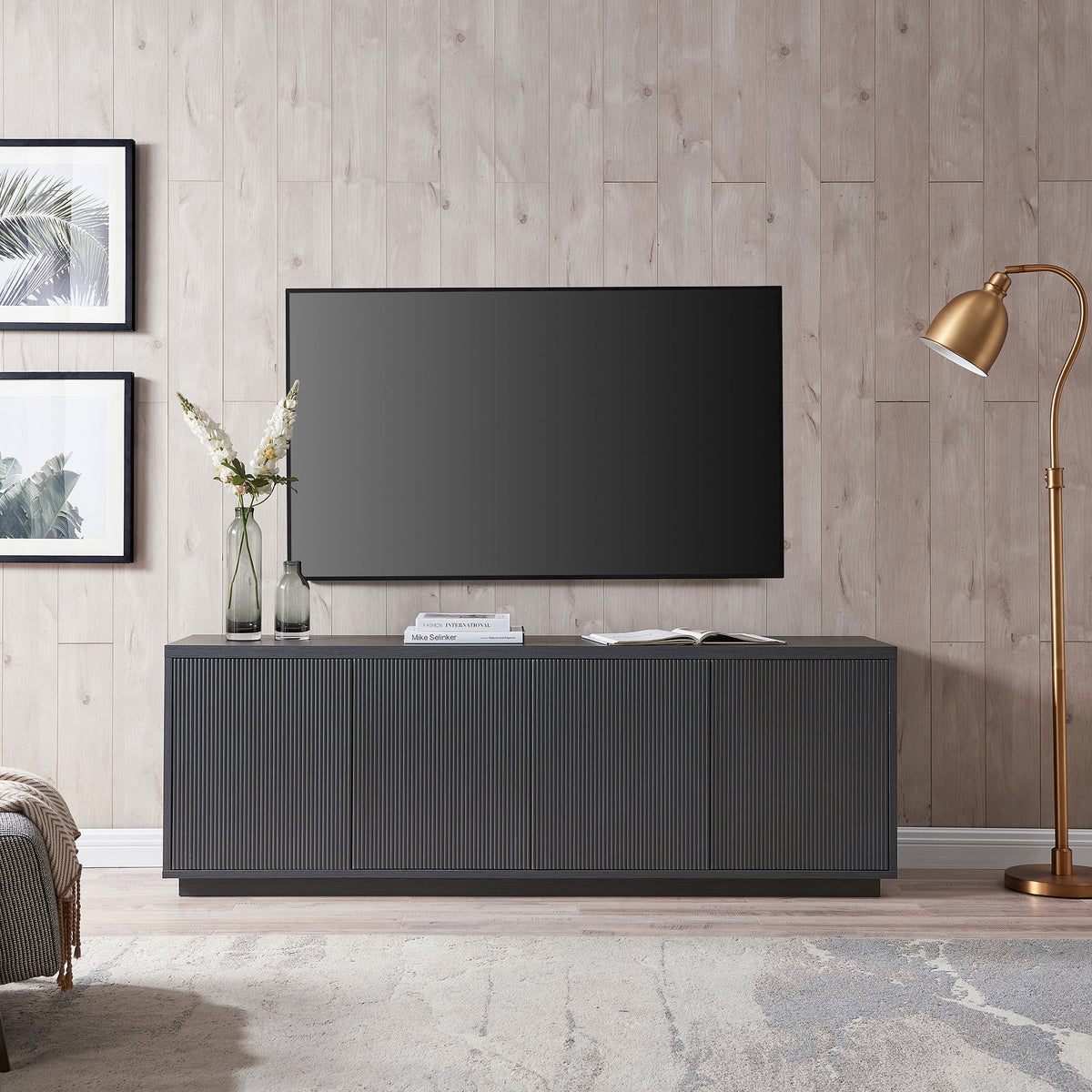 Evelyn&Zoe Hanson Rectangular TV Stand for TV's up to 75", Black Grain