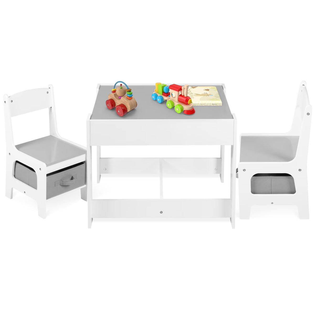 LINLUX Kids Table and 2 Chairs Set, Children Activity Table Chairs with Chalkboard/Whiteboard, Grey