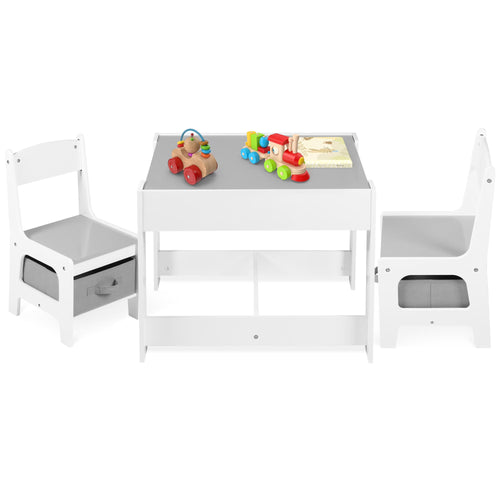 LINLUX Kids Table and 2 Chairs Set, Children Activity Table Chairs with Chalkboard/Whiteboard, Grey