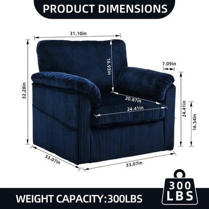 FFH 33" Oversized Swivel Accent Chair,Armchair with Side Pocket,Upholstered Corduroy Lounge Chaise Chair,Barrel Chairs,Comfy Single Sofa Chair for Living Room Reading Bedroom Office,Black