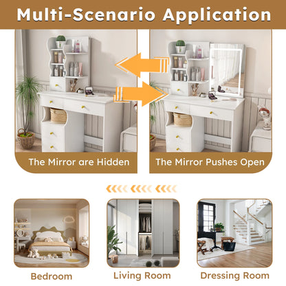 Montary Modern Mini Vanity w/Adjustable LED Mirror + Hidden Storage, Padded Stool & Dustproof Shelves (White)