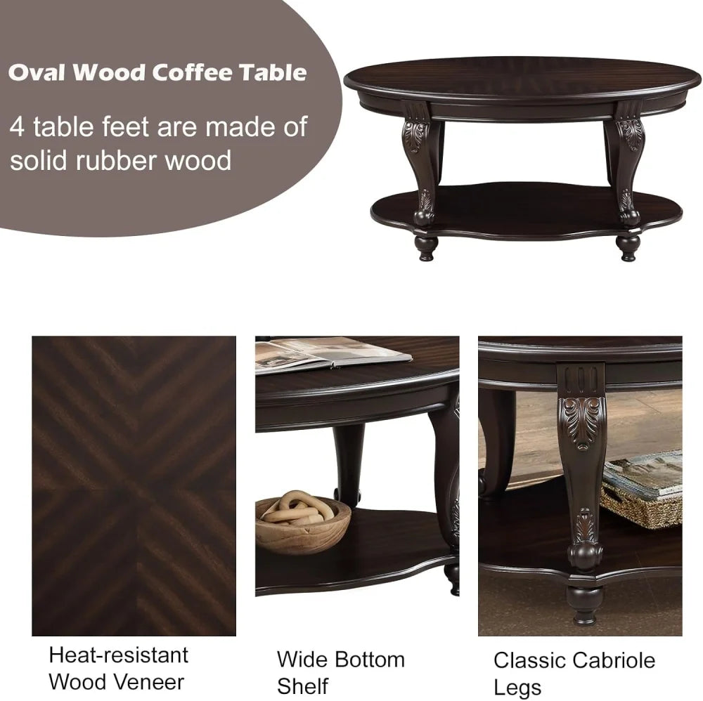 42" Oval Coffee Table with Storage Shelf, 2-Tier Solid Wood Cocktail Tea Table, Traditional Retro Center Table for Living Room, Bearing 400LBS, Cherry